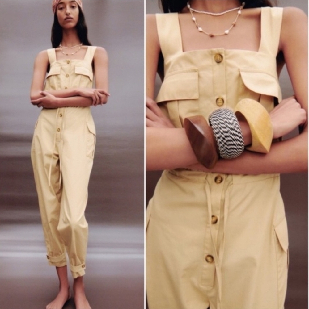 ZARA Poplin Cargo Overall Jumpsuit Tan Color Size Medium